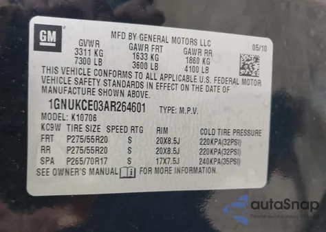 2010 Chevrolet Tahoe Ltz z USA, uszkodzony, nr VIN 1GNUKCE03AR264601